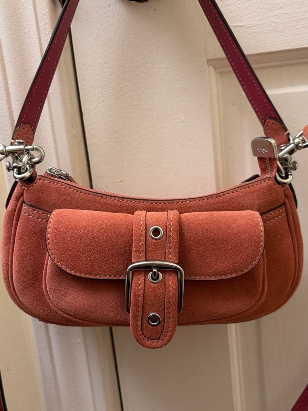 Coach Suede Rust pink Shoulder Bag with Buckle Detail.